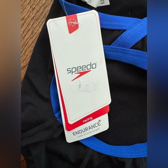 NWT New SPEEDO Solid Endurance+ Flyback Racing Swimsuit Black Blue Trim 22 - Picture 8 of 8